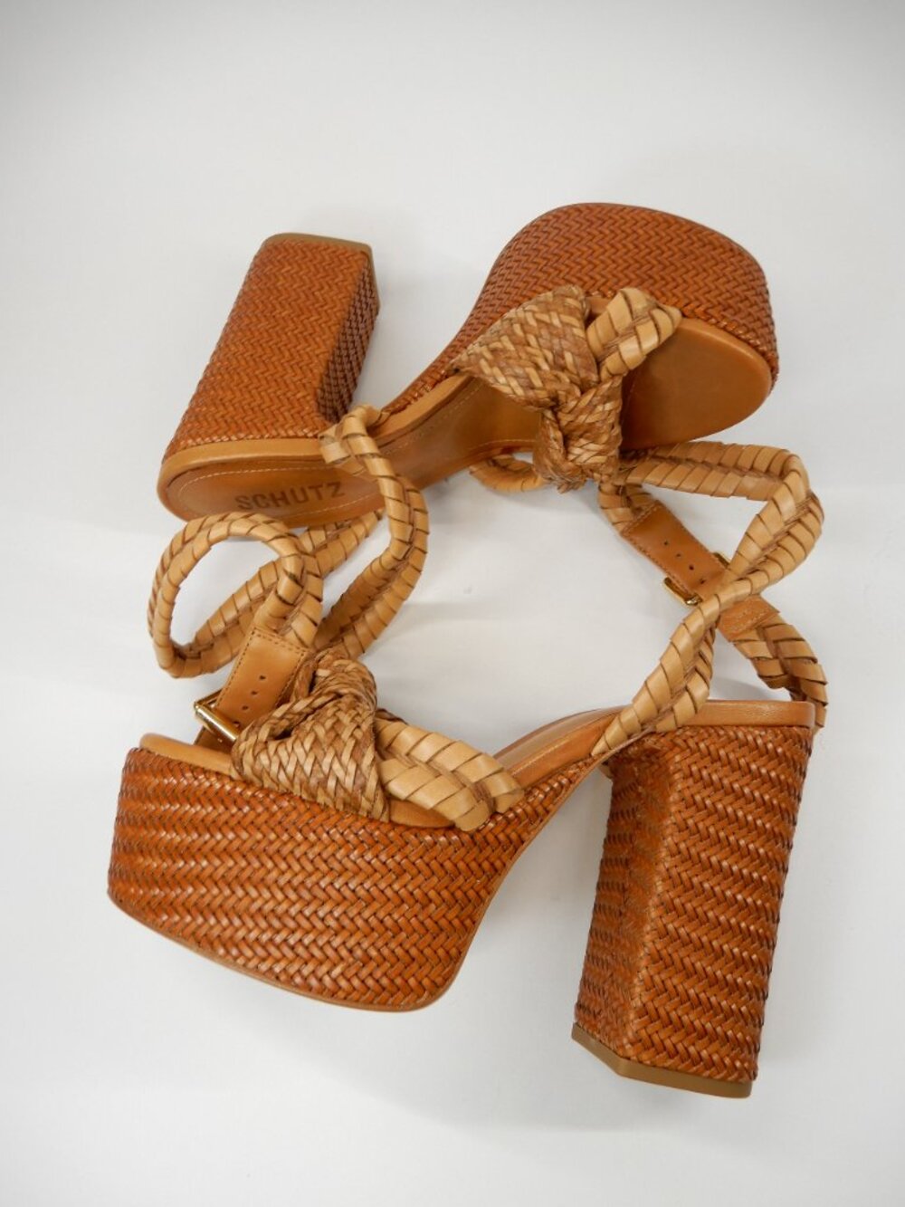 Schutz Khari Chunky Platform Sandals Size 6.5 Brown Woven Block Heel NEW - Picture 14 of 16